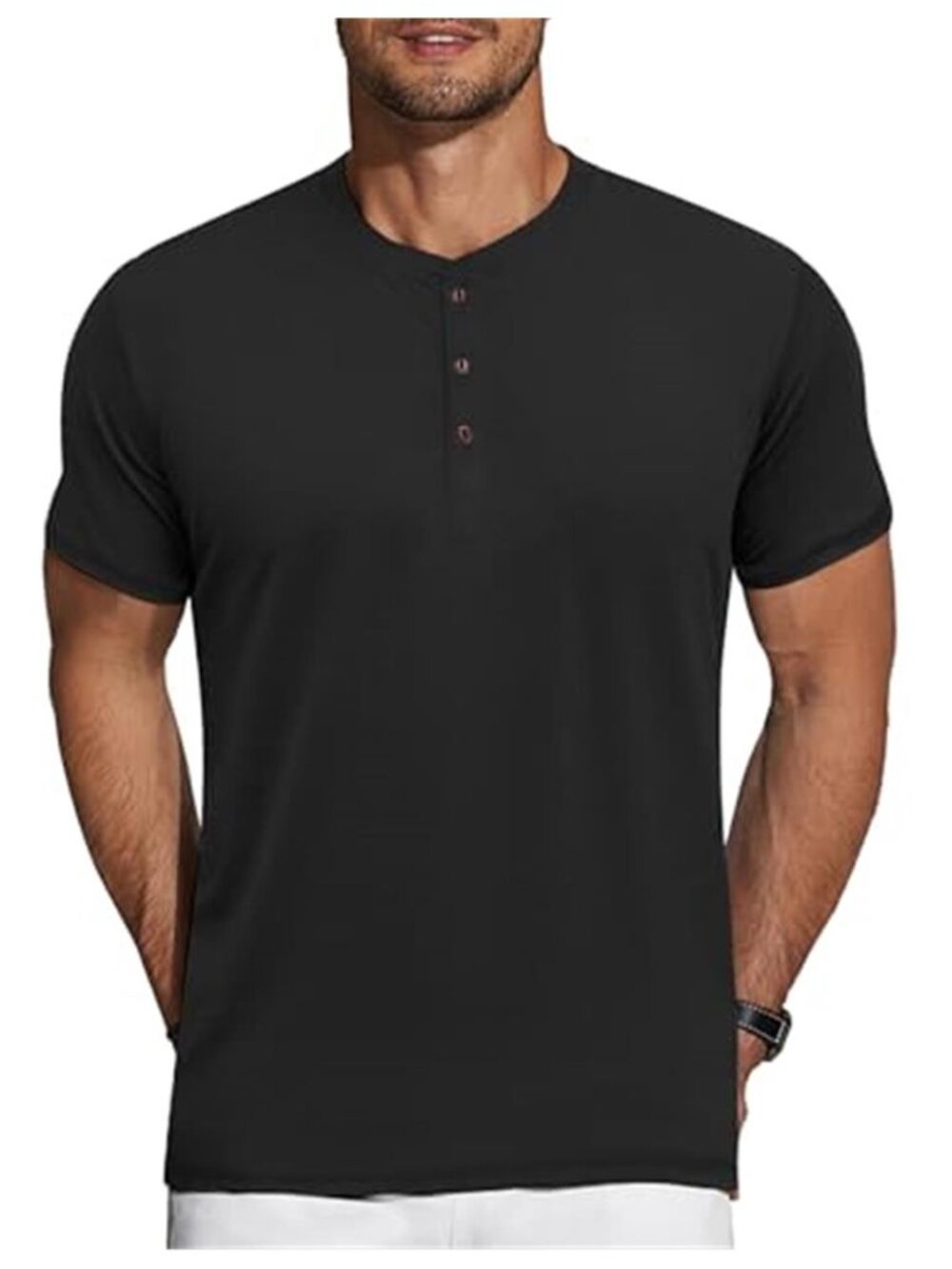Mens Henley Short Sleeve Shirt Black Button Casual Summer Tee Slim Stretch Top